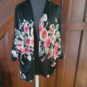 Mauve Floral Open Front Kimono Cardigan Black With Multicolor Roses XL